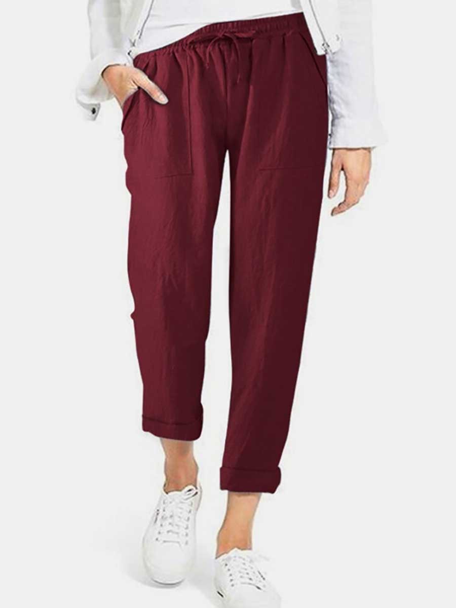 Veleaee Drawstring High Waist Pocket Loose Large Size Cotton Linen Casual Pants