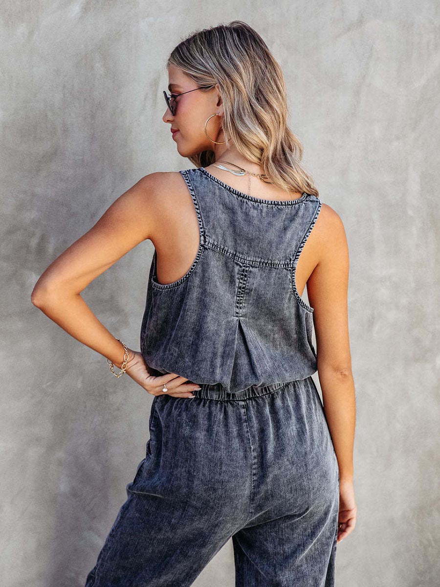 Veleaee Drawstring Waist Distressed Denim Tank Jumpsuit