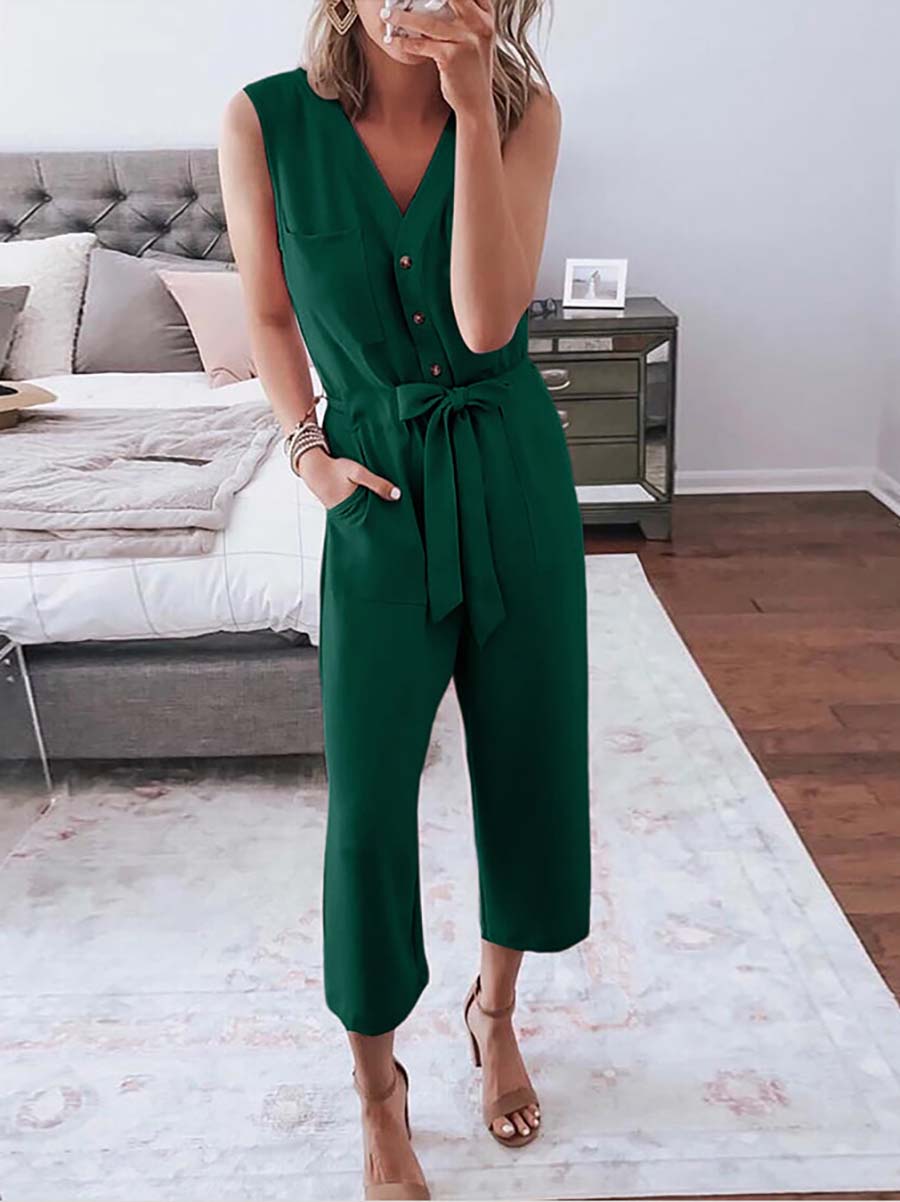 Veleaee Buttoned Sleeveless Cropped Jumpsuit With Sash