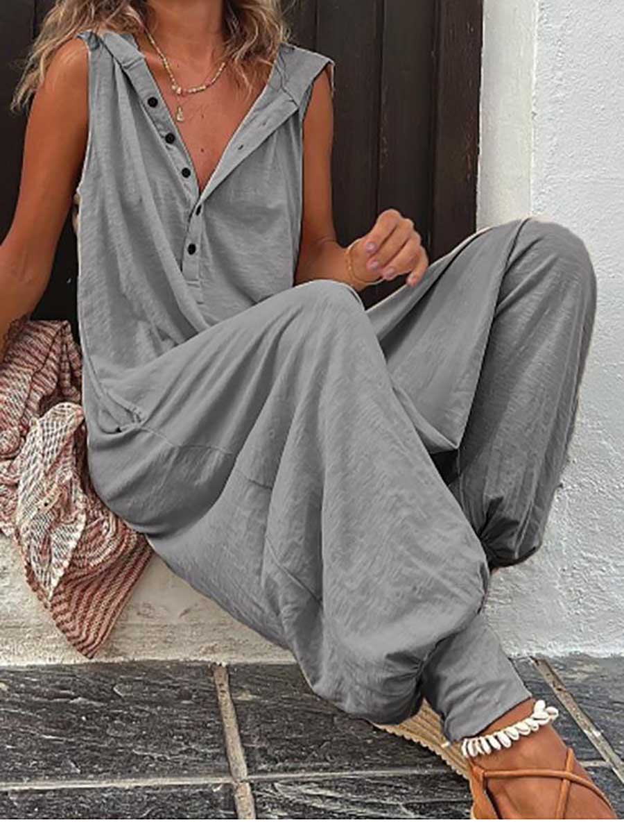 Veleaee Buttoned Hooded Sleeveless Pants Jumpsuit