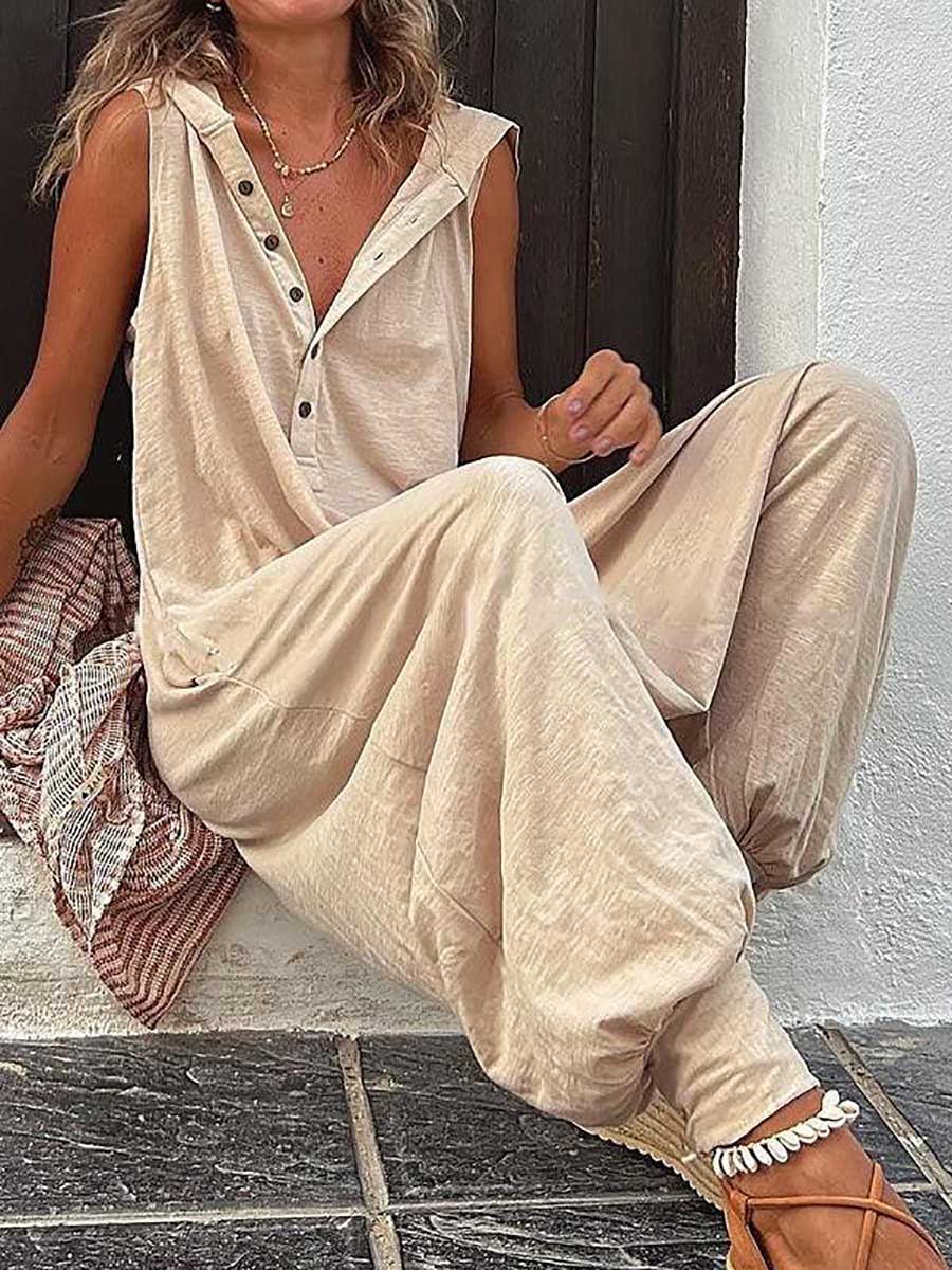 Veleaee Buttoned Hooded Sleeveless Pants Jumpsuit