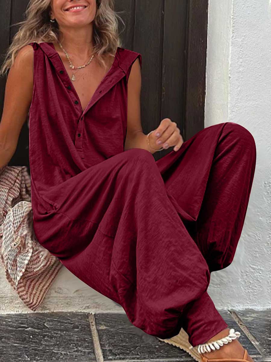 Veleaee Buttoned Hooded Sleeveless Pants Jumpsuit