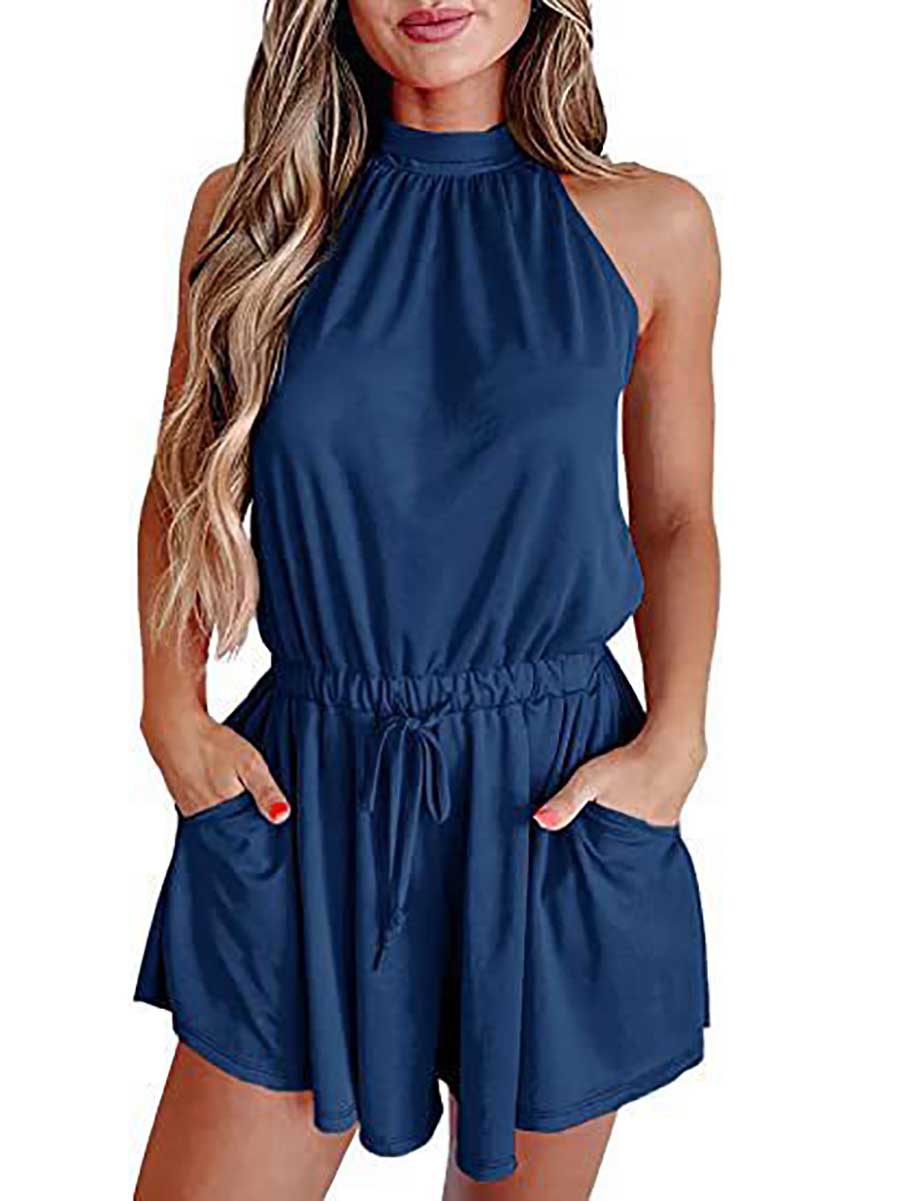 Veleaee Elegant Waist Tie Sleeveless Hanging Neck Loose Shorts Printed Jumpsuit