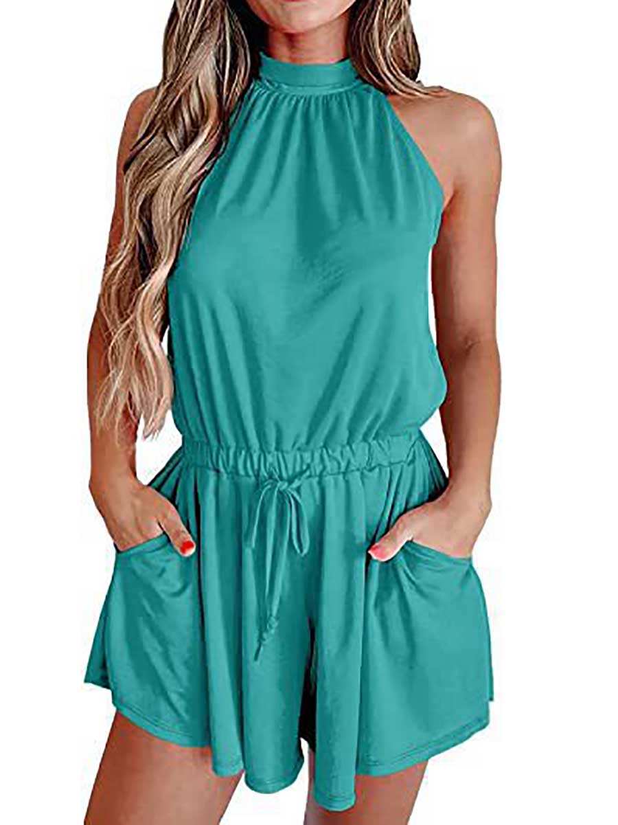 Veleaee Elegant Waist Tie Sleeveless Hanging Neck Loose Shorts Printed Jumpsuit