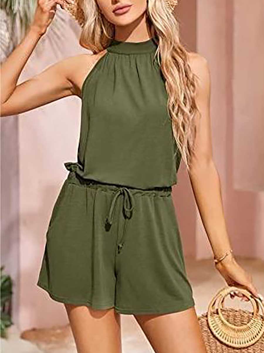 Veleaee Elegant Waist Tie Sleeveless Hanging Neck Loose Shorts Printed Jumpsuit