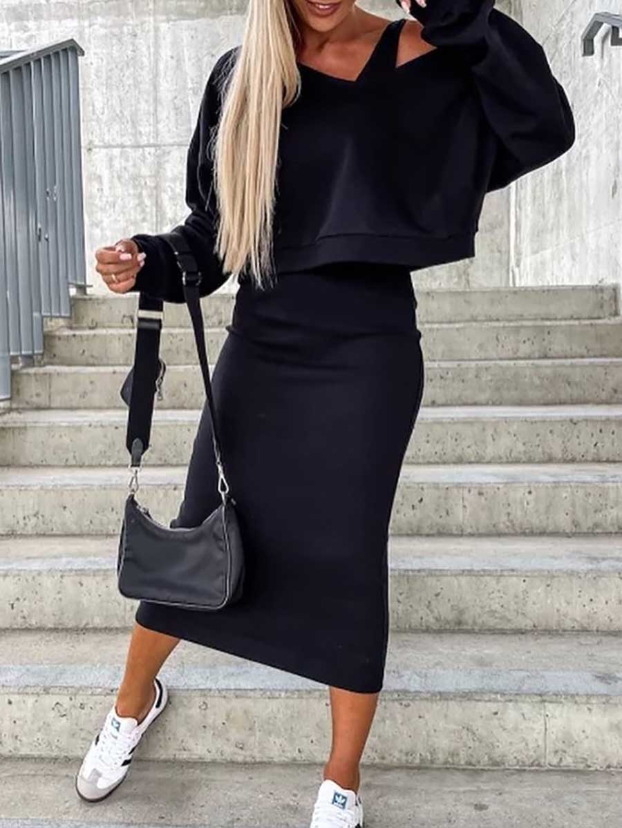 Veleaee Sweatshirt Slim Dress 2-Piece Set