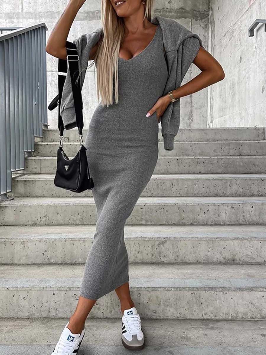 Veleaee Sweatshirt Slim Dress 2-Piece Set