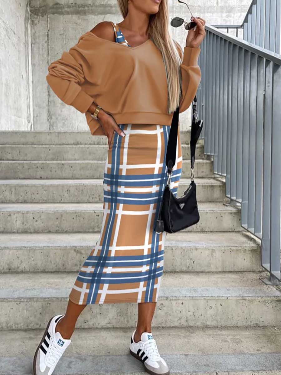 Veleaee Sweatshirt Slim Dress 2-Piece Set