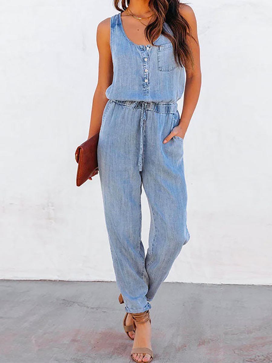Veleaee Drawstring Waist Distressed Denim Tank Jumpsuit