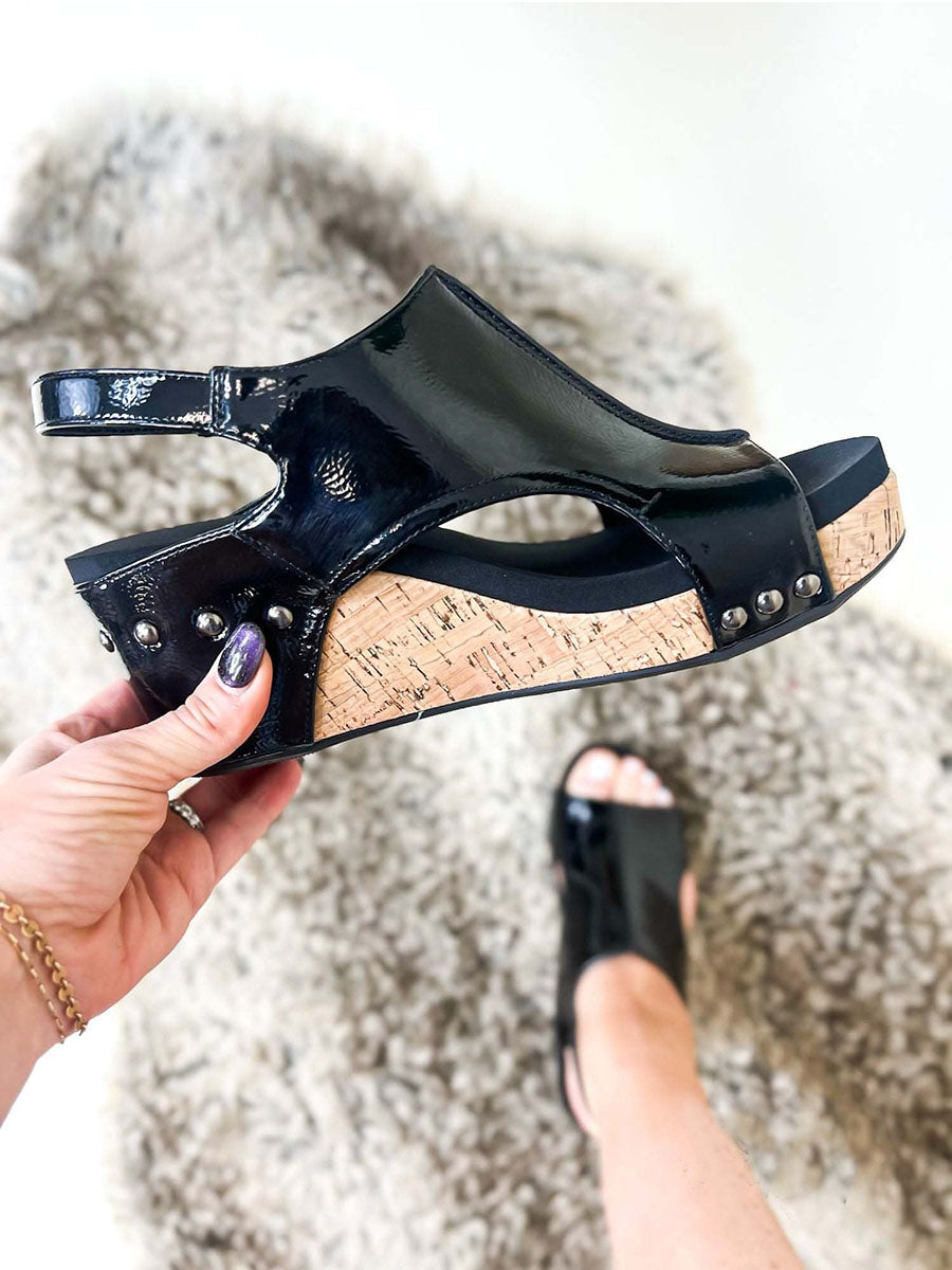 Veleaee Black Patent Wedge Sandals