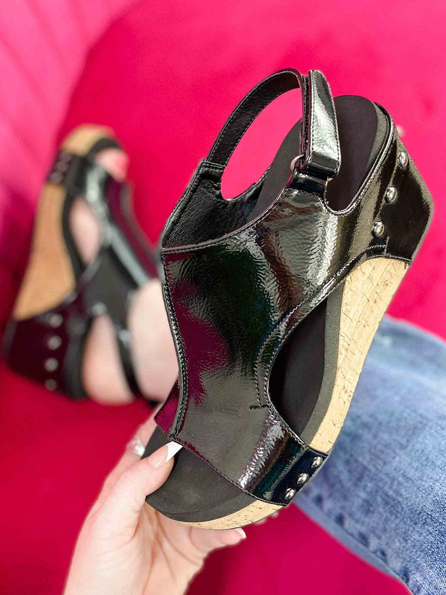 Veleaee Black Patent Wedge Sandals