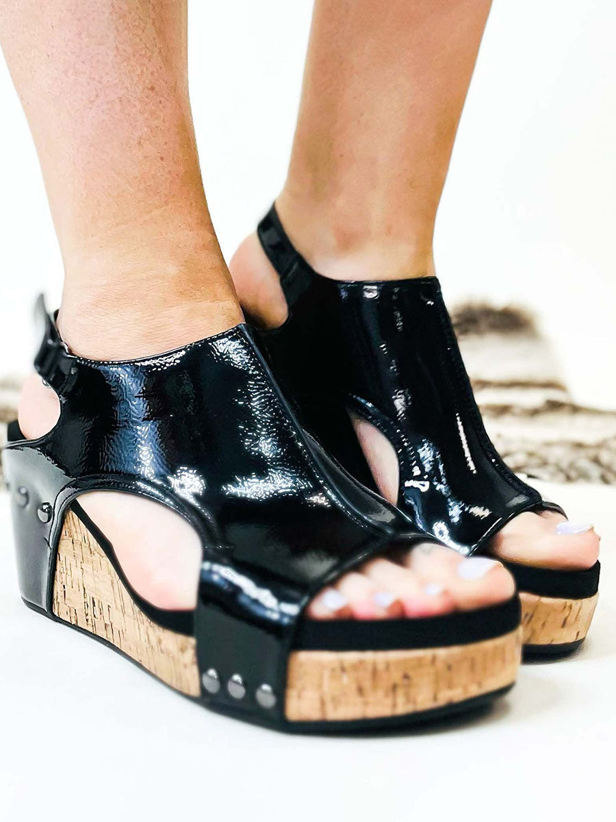 Veleaee Black Patent Wedge Sandals