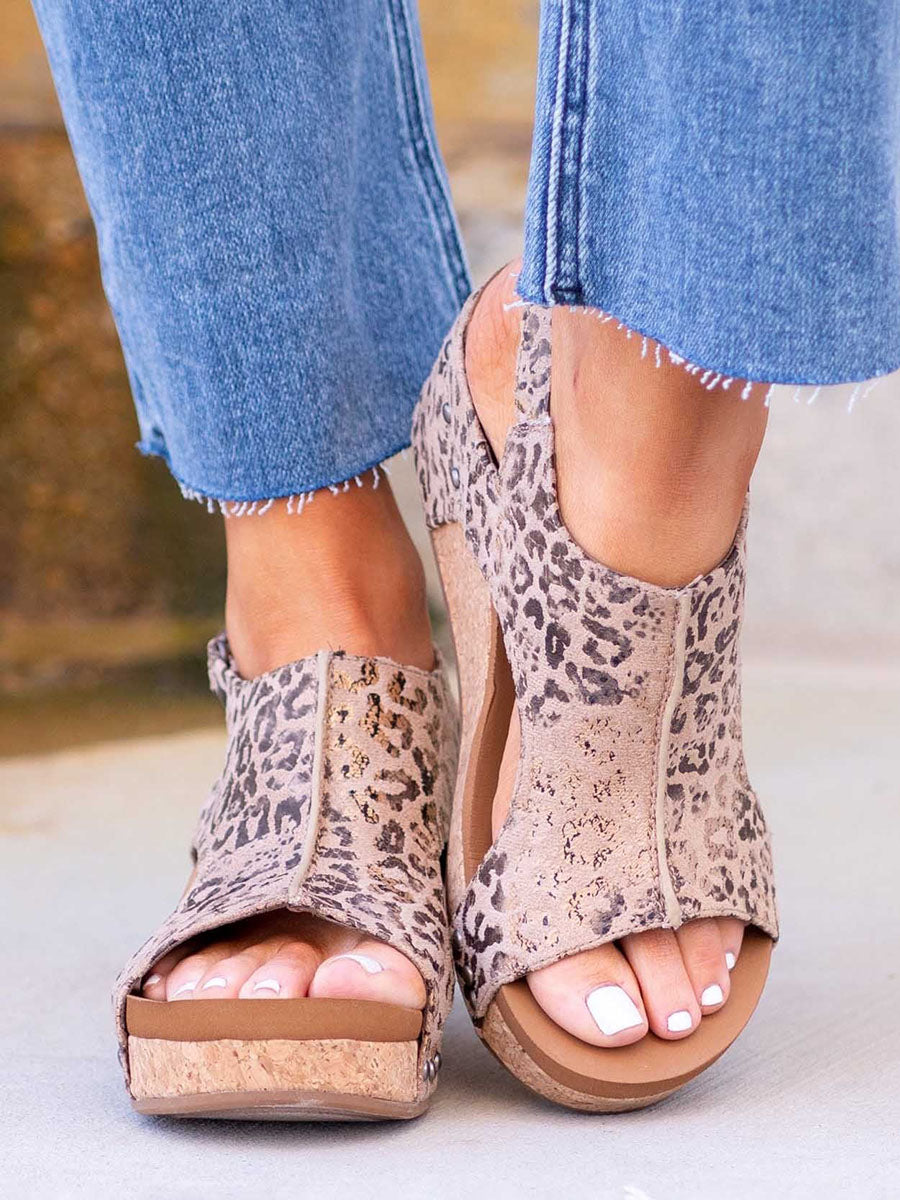 Veleaee Leopard Wedge Sandals