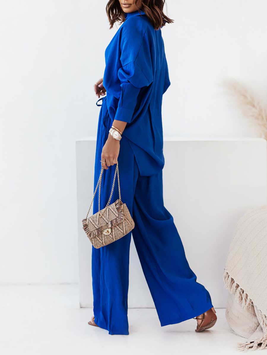 Veleaee Loose Stretch Wrinkle Long Sleeve Shirt Wide Leg Pants Casual Suit