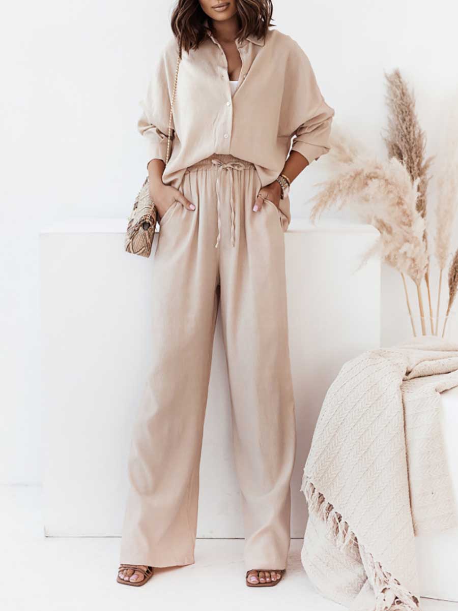 Veleaee Loose Stretch Wrinkle Long Sleeve Shirt Wide Leg Pants Casual Suit