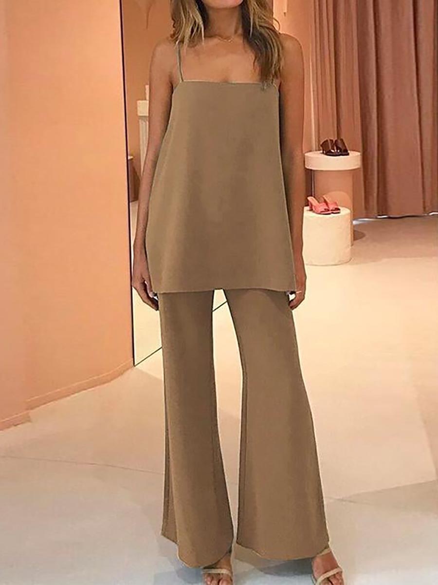 Veleaee Solid Cami Top and Wide Leg Pants Set