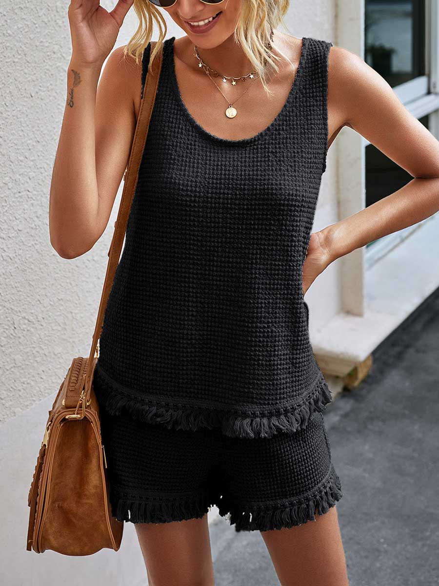 Veleaee Fashion Fringe Vest Casual Women's Shorts Set