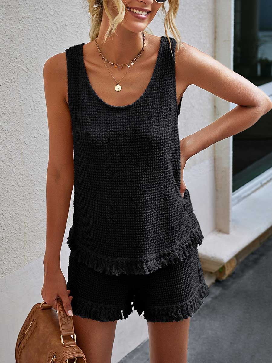 Veleaee Fashion Fringe Vest Casual Women's Shorts Set