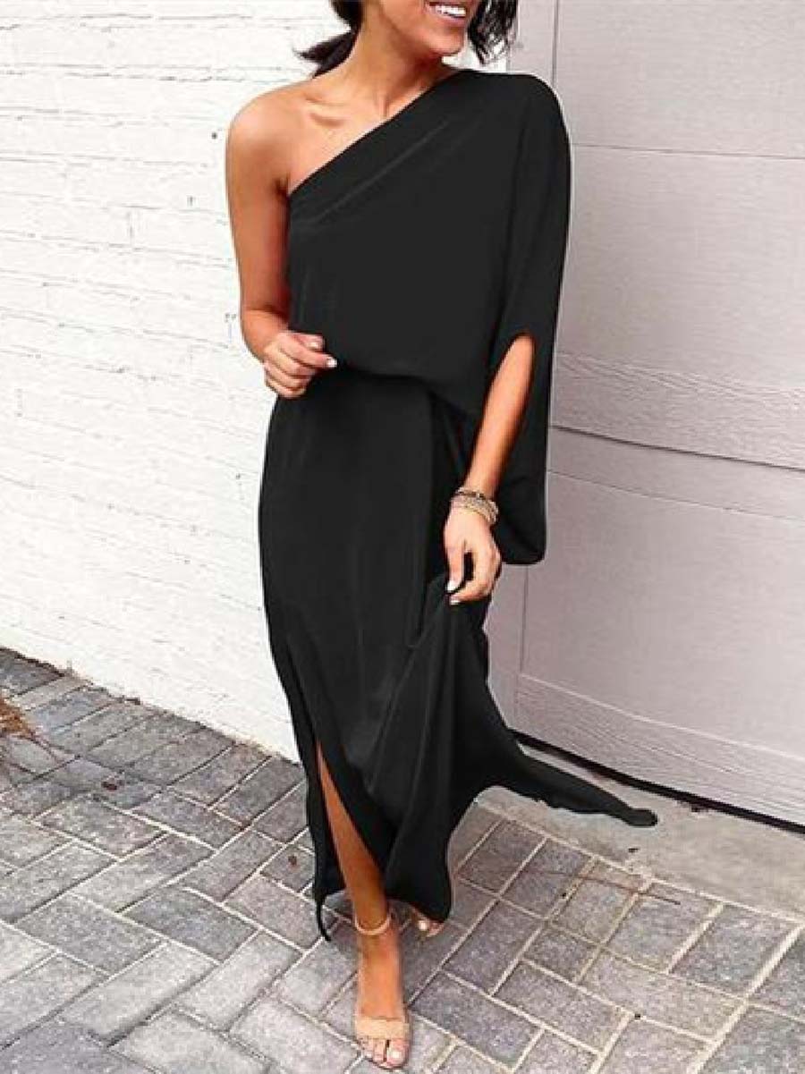 Veleaee One-shoulder Bat Sleeve Loose Maxi Dress