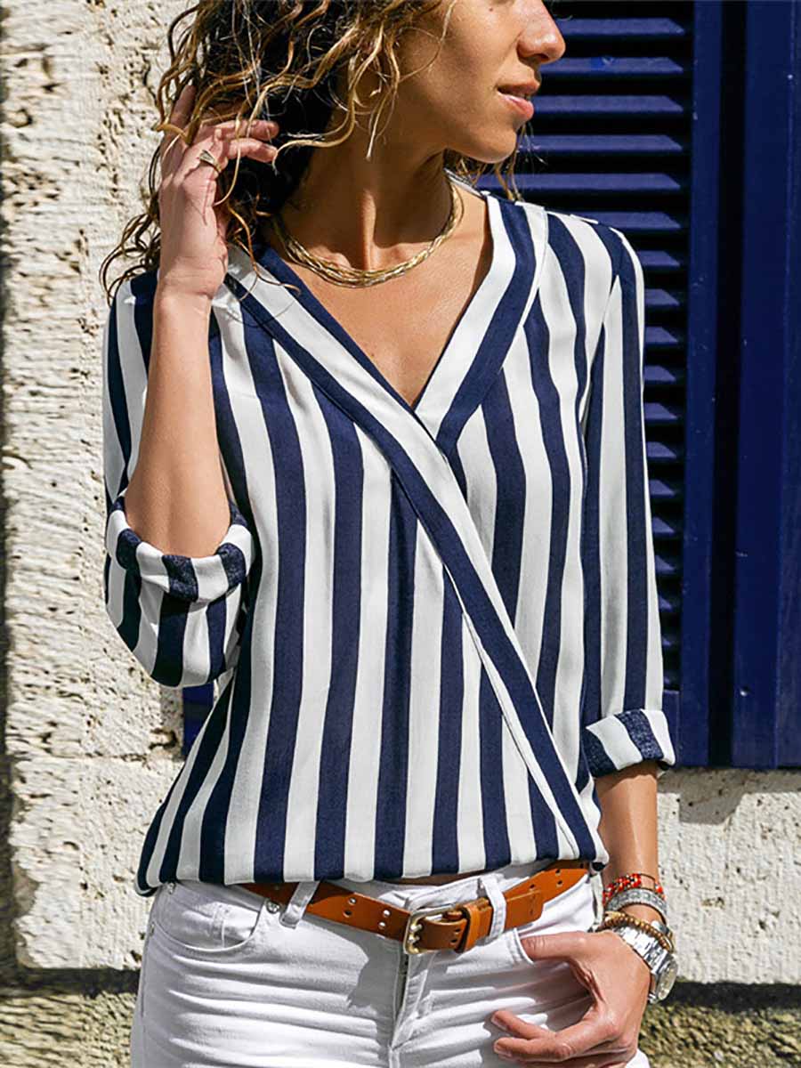 Veleaee V-Neck Striped Long-Sleeved Shirt