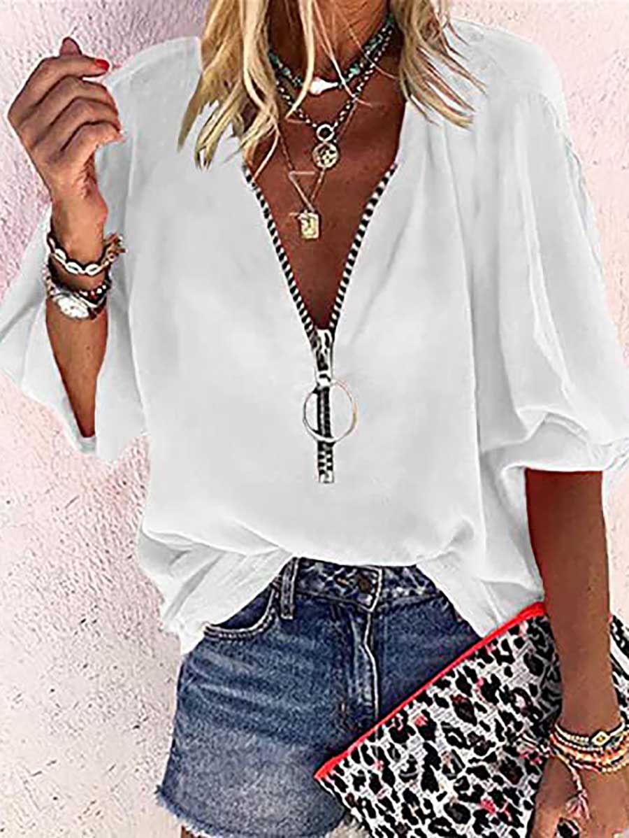 Veleaee Solid Color V-Neck Zipper Shirt