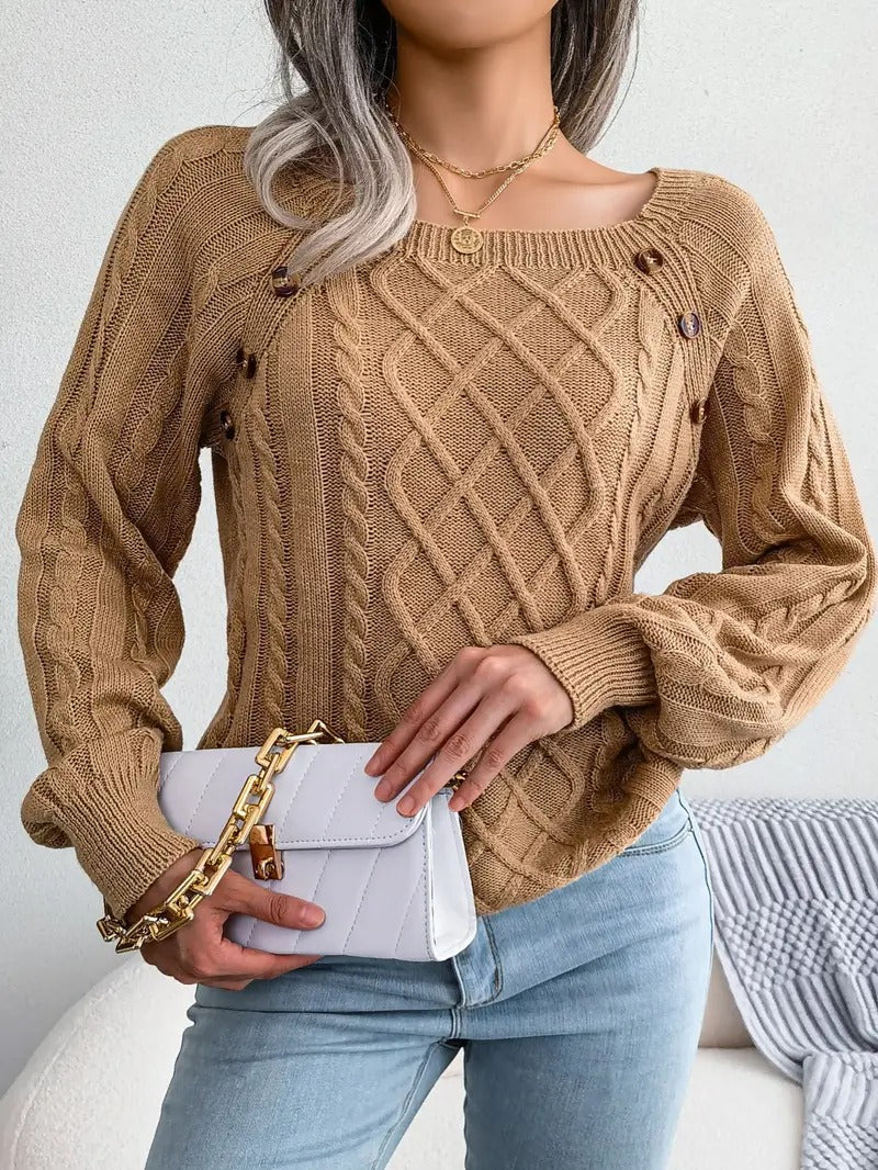 Veleaee Women's Stylish Round Neck Texture Button Lantern Sleeve Sweater