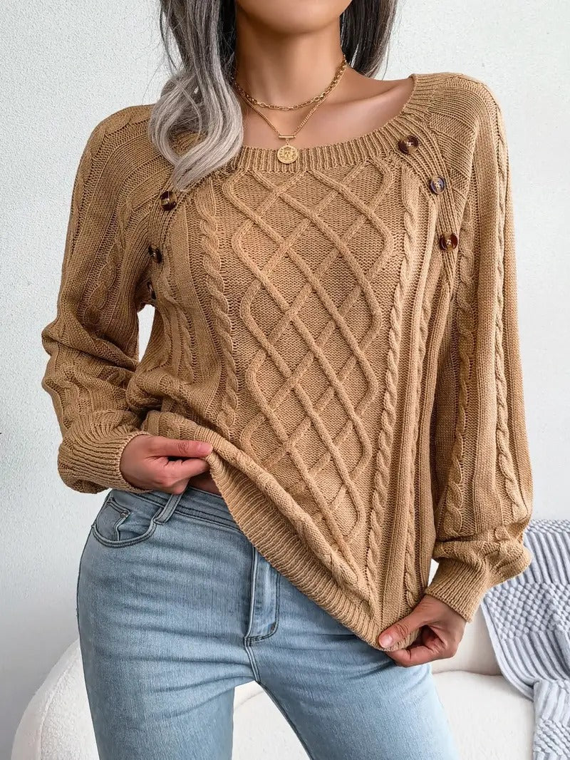 Veleaee Women's Stylish Round Neck Texture Button Lantern Sleeve Sweater