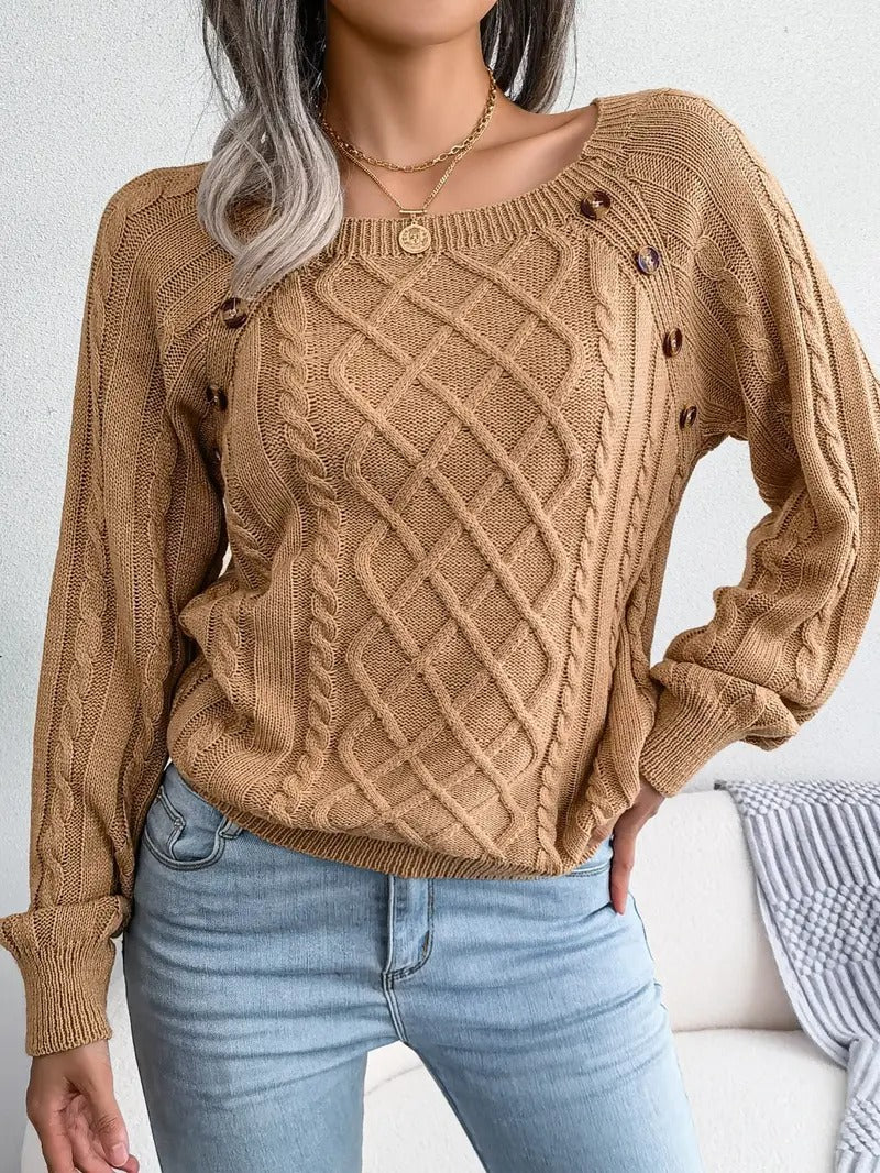 Veleaee Women's Stylish Round Neck Texture Button Lantern Sleeve Sweater