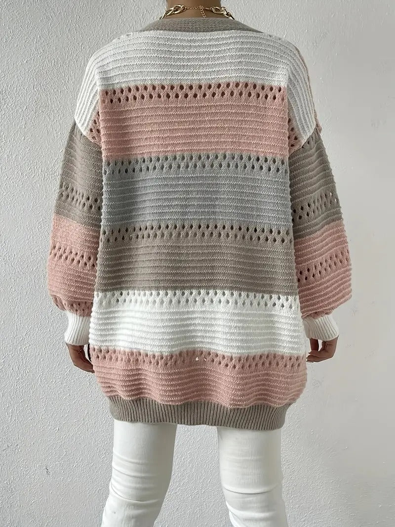 Veleaee Cut Out Color Block Knit Cardigan