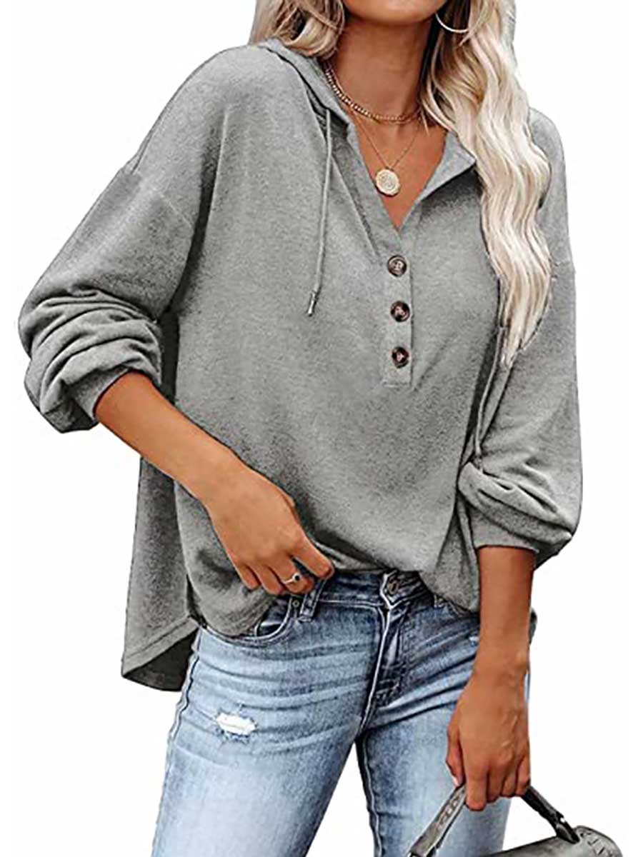 Veleaee Casual Loose Solid Color Hoodie Sweatshirt