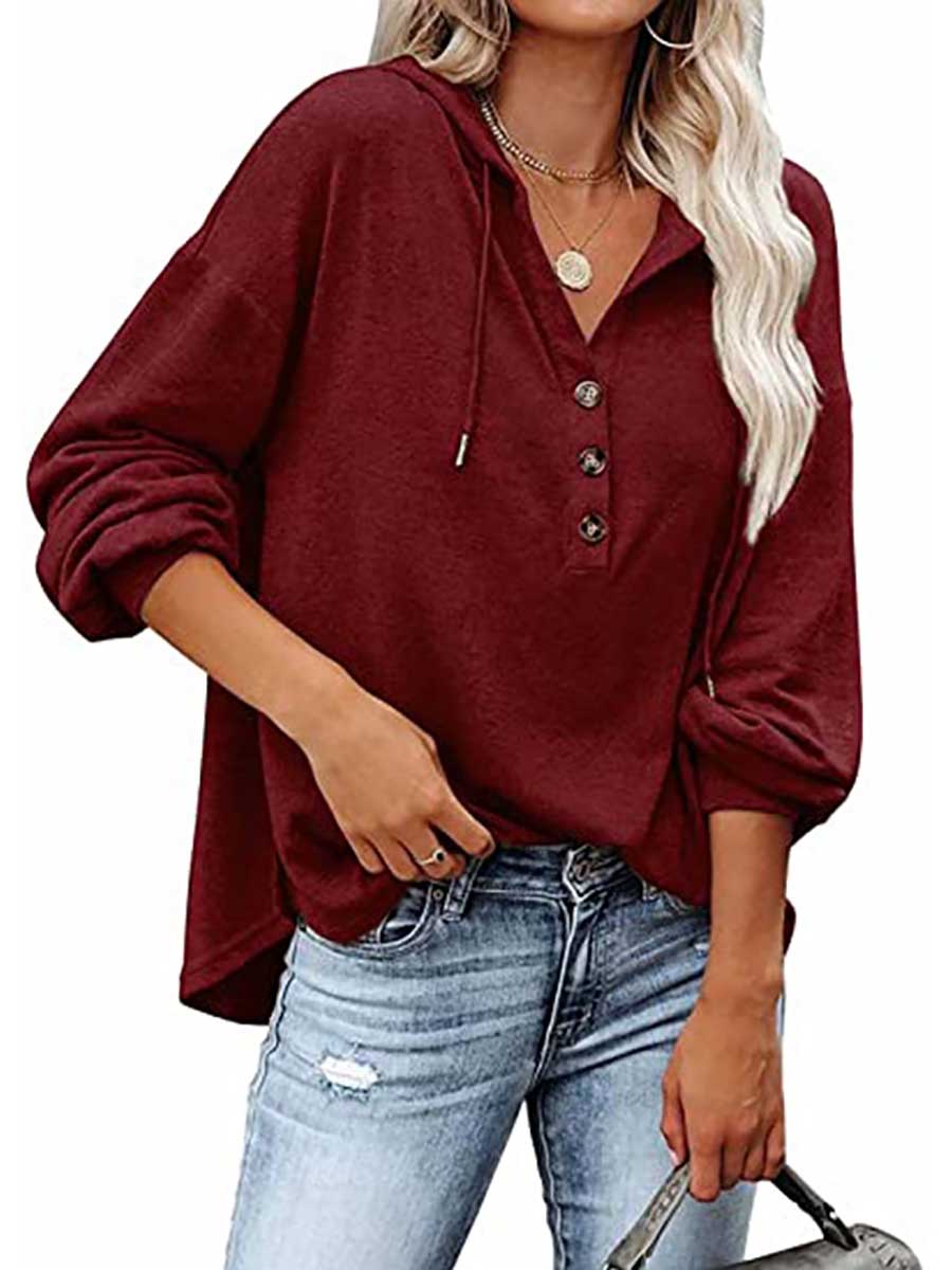 Veleaee Casual Loose Solid Color Hoodie Sweatshirt