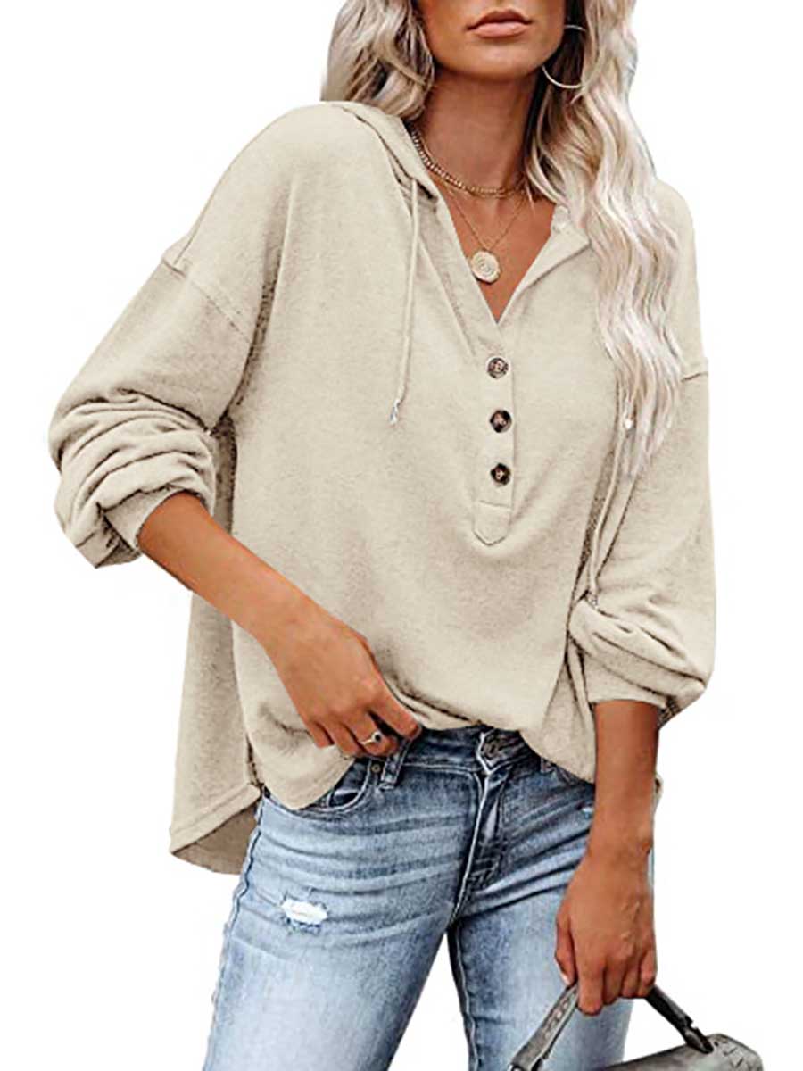Veleaee Casual Loose Solid Color Hoodie Sweatshirt