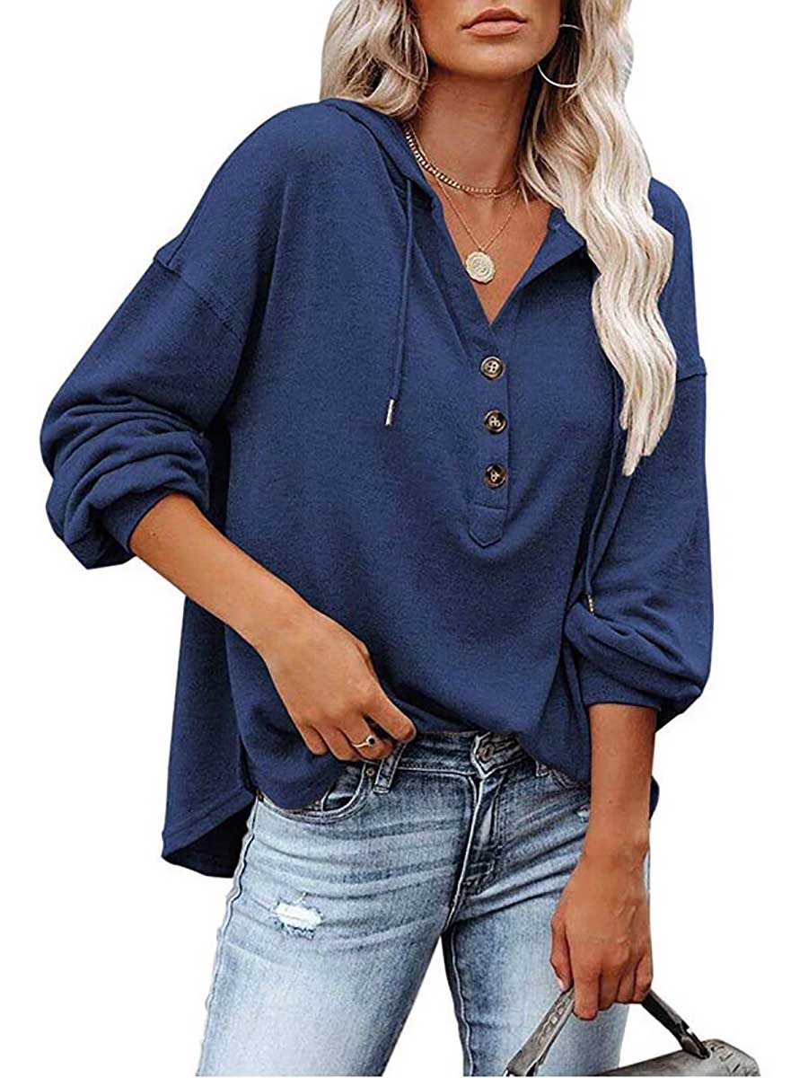 Veleaee Casual Loose Solid Color Hoodie Sweatshirt