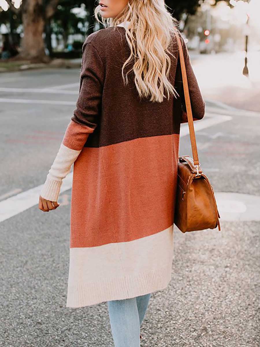 Veleaee Knit Sweater Tricolor Stripe Patchwork Long Sweater Cardigan