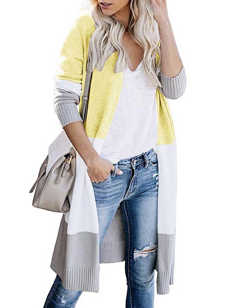 Veleaee Knit Sweater Tricolor Stripe Patchwork Long Sweater Cardigan