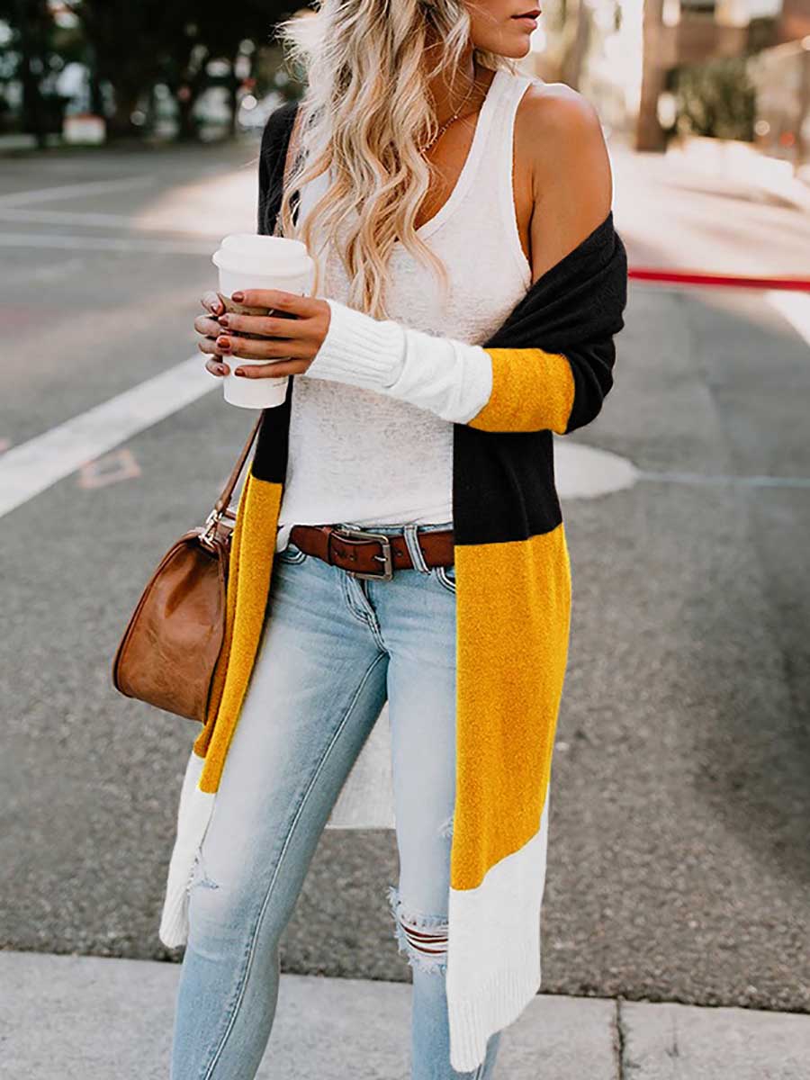 Veleaee Knit Sweater Tricolor Stripe Patchwork Long Sweater Cardigan