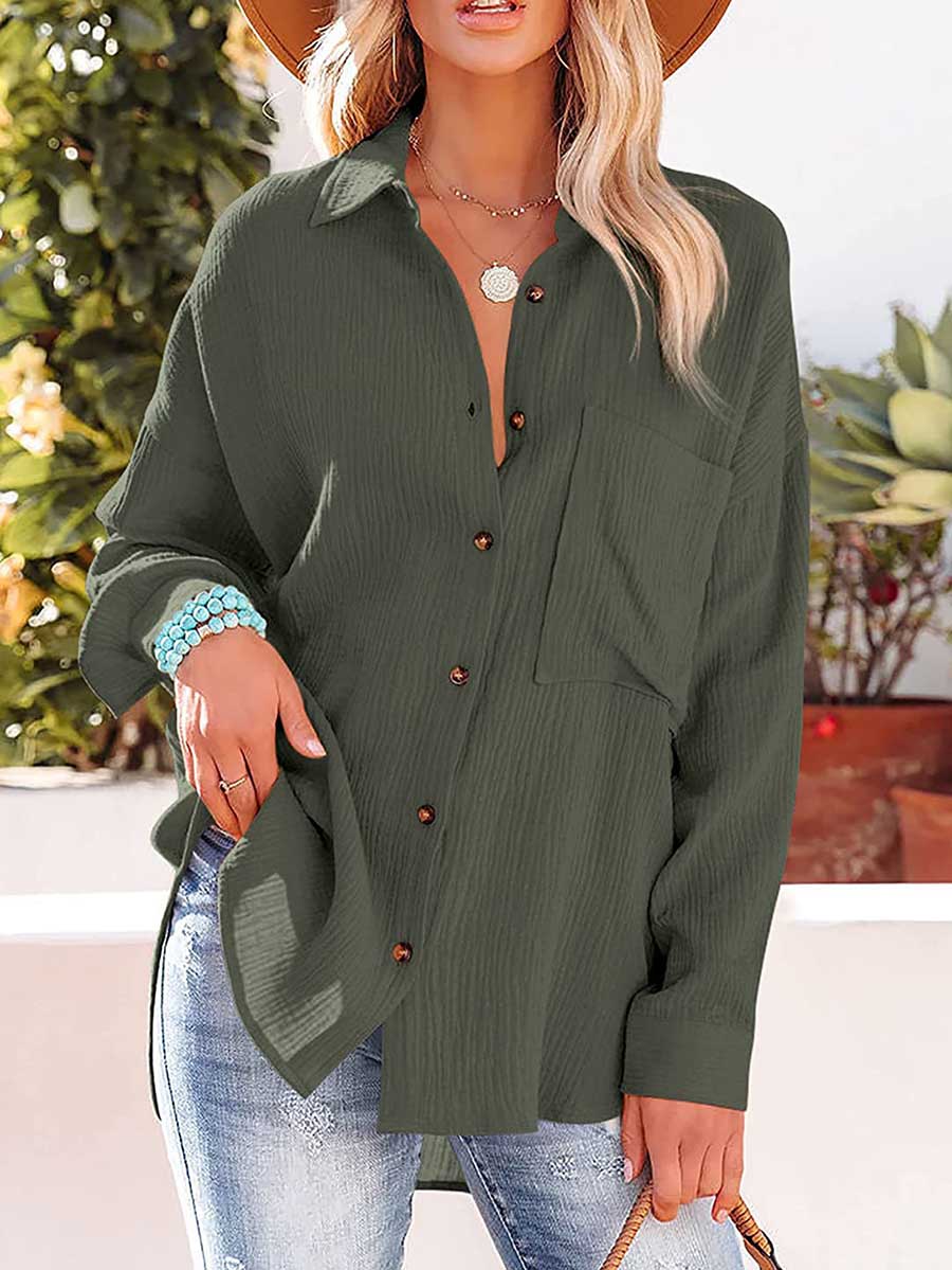 Veleaee Women's Casual V-Neck Long Sleeve Button Down Shirt