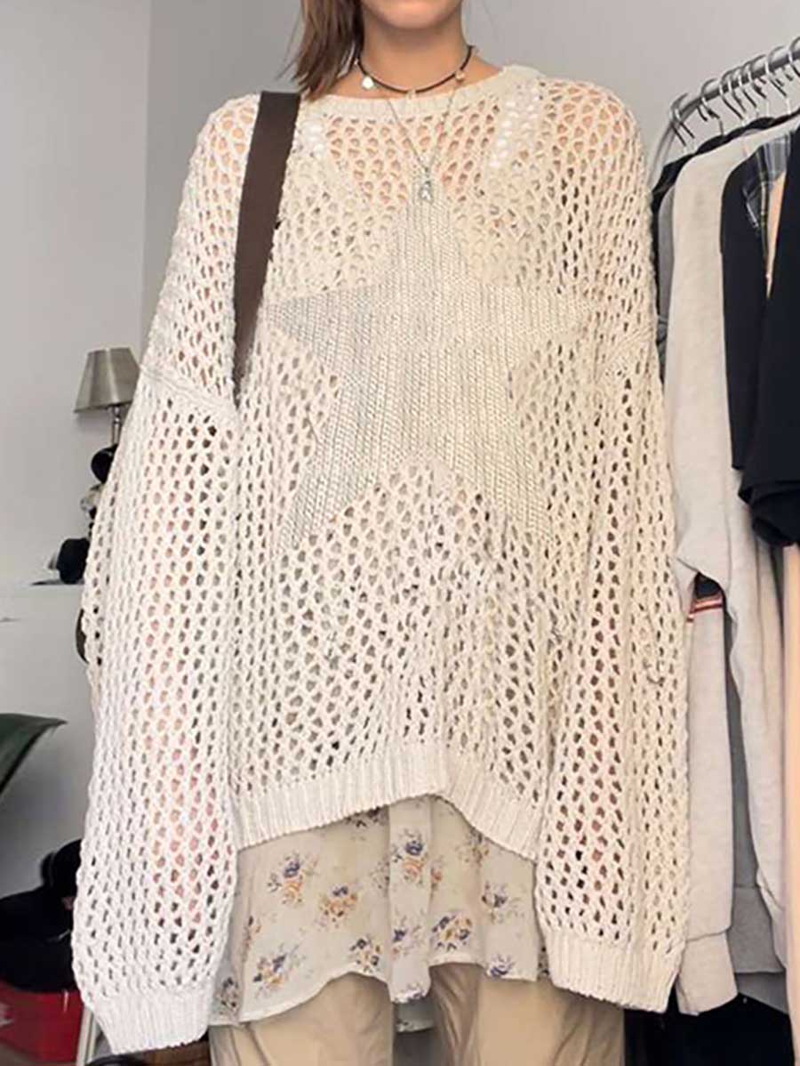 Veleaee Slouchy Style Star Loose Long Sleeve Knit Sweater