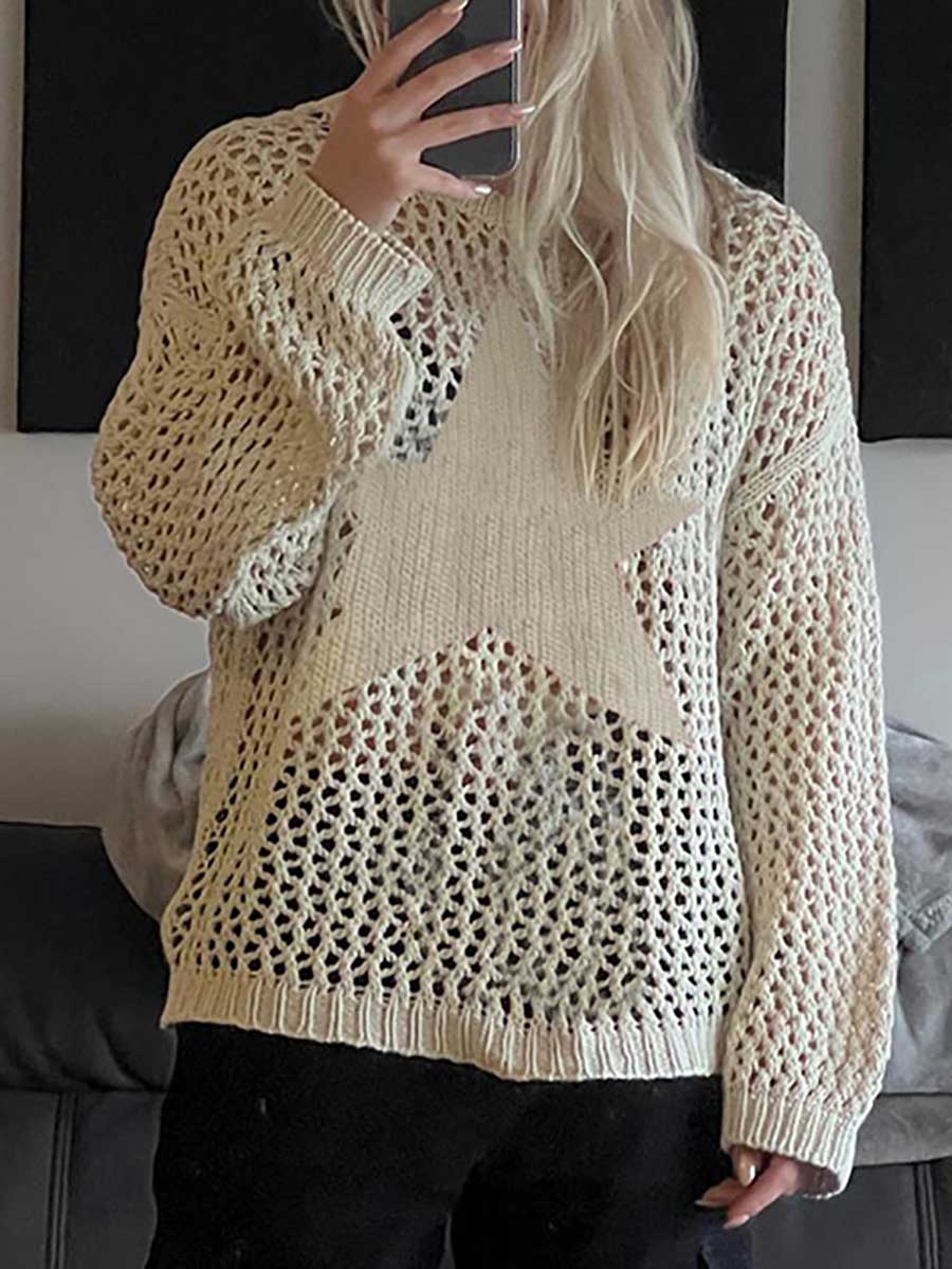 Veleaee Slouchy Style Star Loose Long Sleeve Knit Sweater