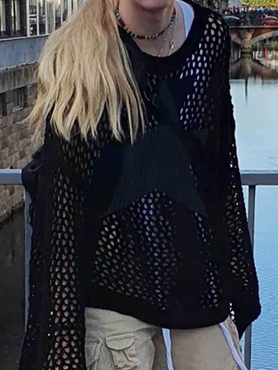 Veleaee Slouchy Style Star Loose Long Sleeve Knit Sweater
