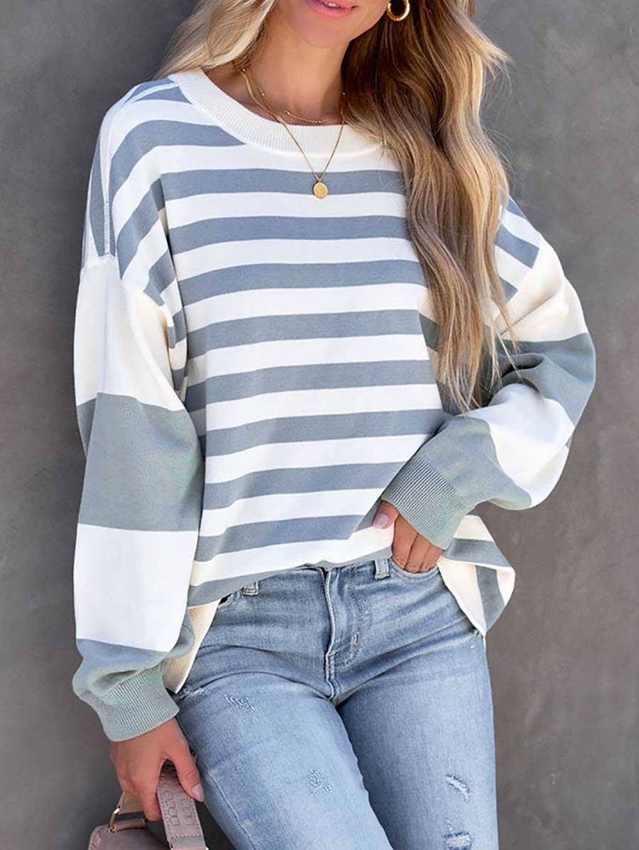 Veleaee Striped Printed Loose Color Clash Sweatshirt