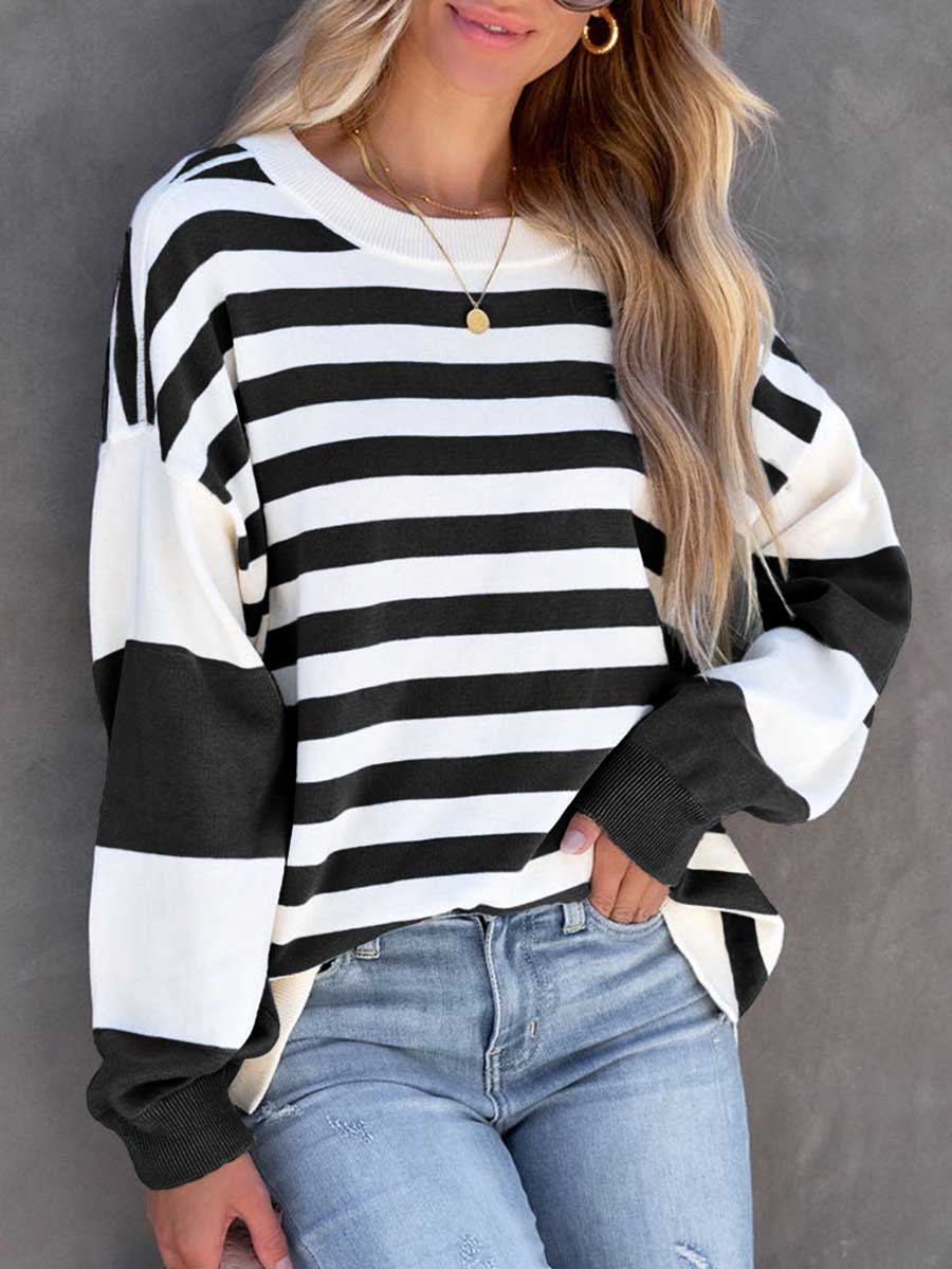 Veleaee Striped Printed Loose Color Clash Sweatshirt