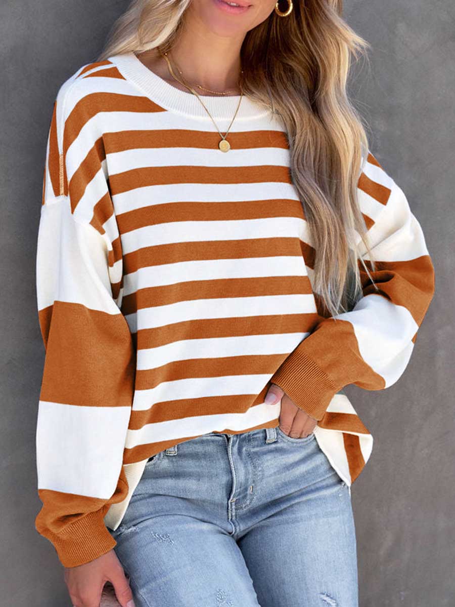 Veleaee Striped Printed Loose Color Clash Sweatshirt
