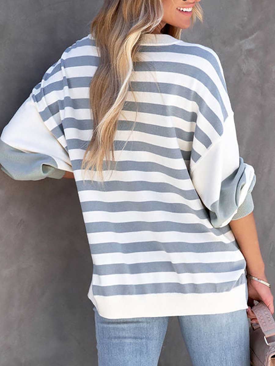 Veleaee Striped Printed Loose Color Clash Sweatshirt