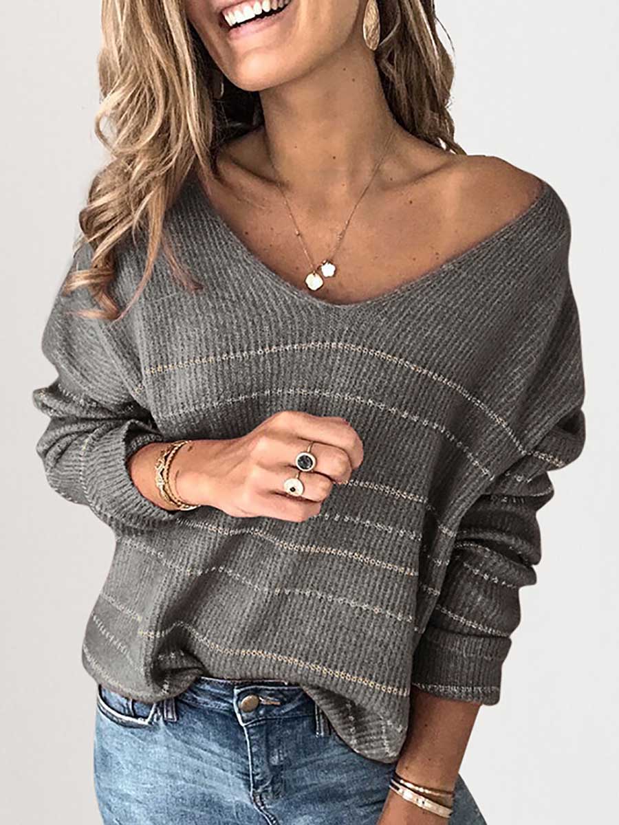 Veleaee Solid Color Knit Sweater Casual Striped V-Neck Top