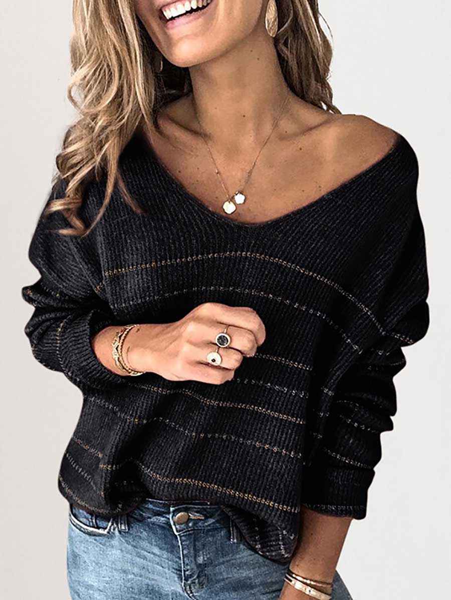 Veleaee Solid Color Knit Sweater Casual Striped V-Neck Top