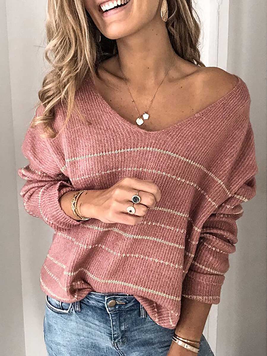 Veleaee Solid Color Knit Sweater Casual Striped V-Neck Top