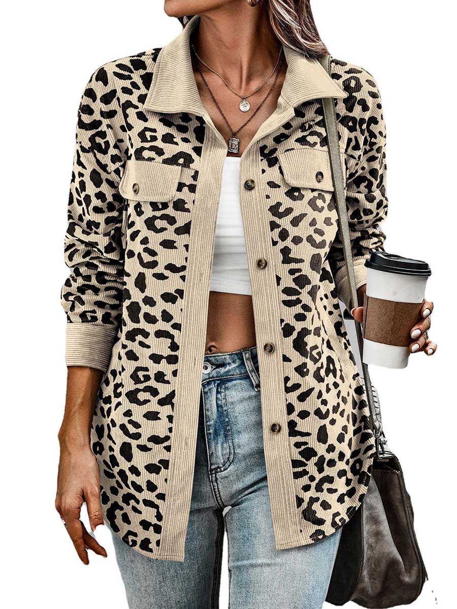 Veleaee Corduroy Leopard Pocket Button Long Sleeve Women's Jacket