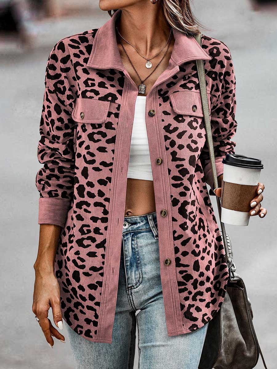 Veleaee Corduroy Leopard Pocket Button Long Sleeve Women's Jacket