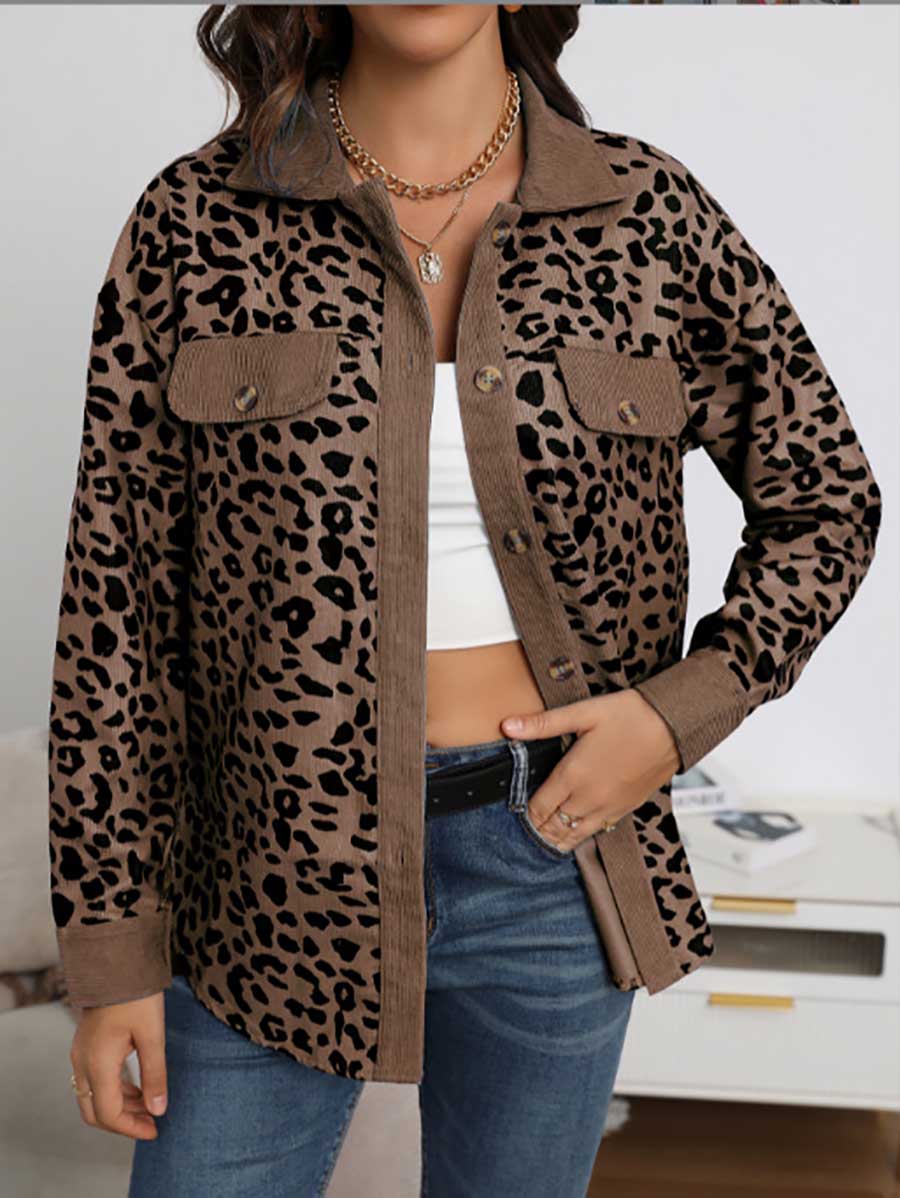 Veleaee Corduroy Leopard Pocket Button Long Sleeve Women's Jacket